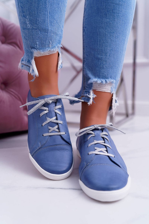 Półbuty Damskie Tenisówki Maciejka Skórzane Jasno Niebieskie 4049A