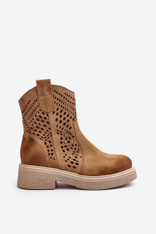 Zazoo 3470 Zamszowe Botki Damskie Na Płaskim Obcasie Ażurowe Beżowe