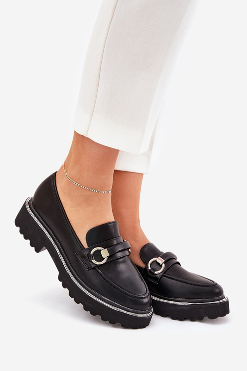 Mokasyny Damskie Zdobione Cyrkoniami Czarne Patina