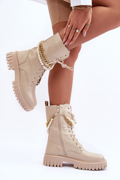 Skórzane Wysokie Workery Z Łańcuszkiem Beżowe Nameer