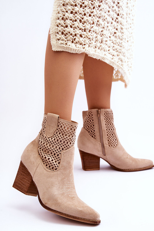 Damskie Zamszowe Kowbojki Botki Na Słupku Beżowe Norvella