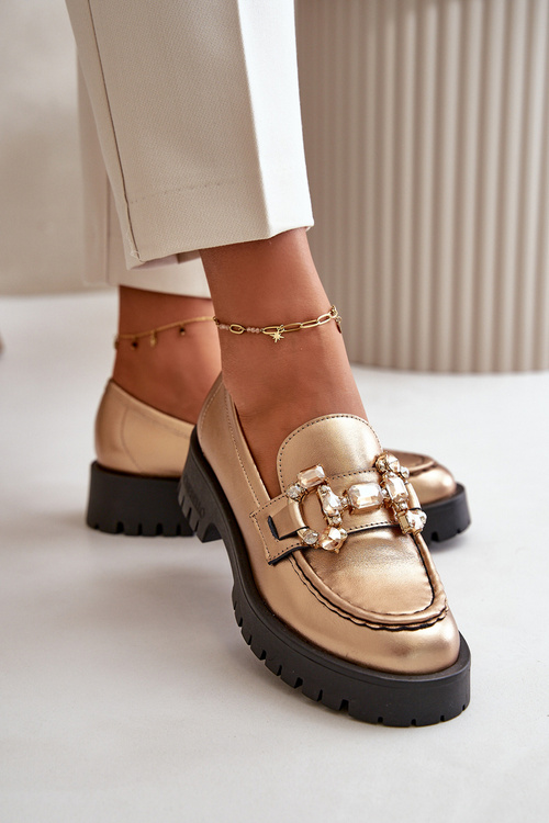 Damskie Skórzane Mokasyny Z Ozdobą CheBello 4369 Złote