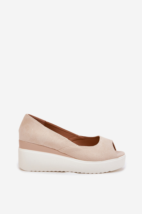 Sandały Damskie Na Koturnie Z Eko Zamszu Jasnobeżowe Velira