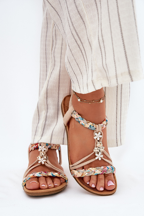 Sandały Damskie Z Przypinkami I Plecionymi Paskami Beżowe Nusoreth