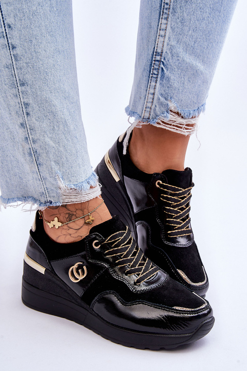 Damskie Skórzane Buty Sportowe Na Koturnie Czarne Rebeca