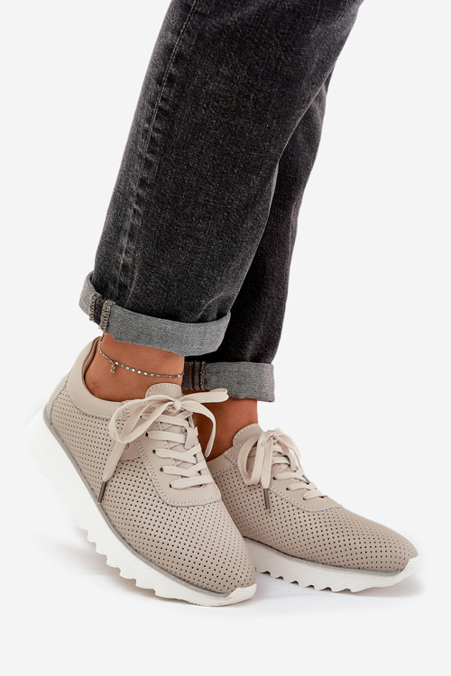 Skórzane Buty Sportowe Na Platformie Z Brokatem D&A LR51-629 Beżowe