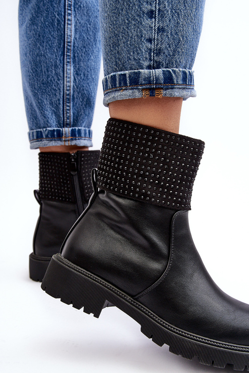Damskie Botki Na Płaskim Obcasie Ze Zdobieniem Czarne Zanidite
