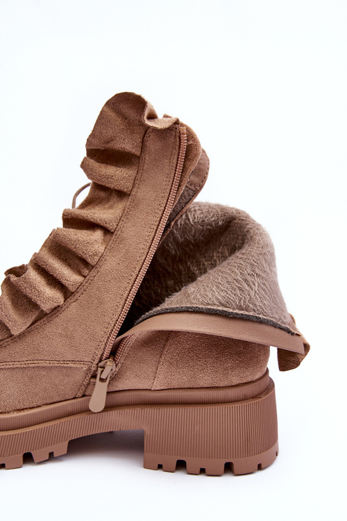 Zamszowe Ocieplane Botki Workery Na Płaskim Obcasie Beżowe Nacelle