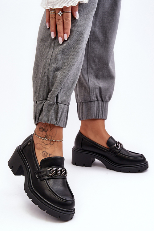 Skórzane Damskie Półbuty Na Niskim Obcasie Czarne Blimma