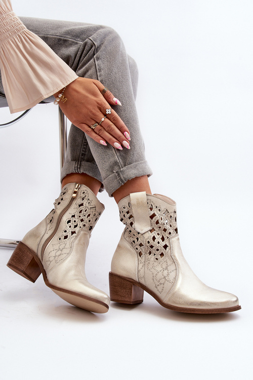 Zazoo 3394 Damskie Botki Na Obcasie Ażurowe Złote