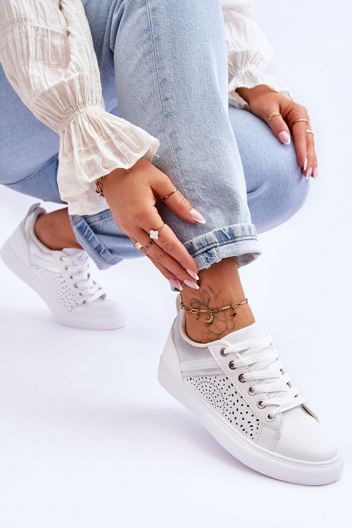 Klasyczne Sportowe Buty Z Ażurowym Wzorem Biało-Srebrne Happier