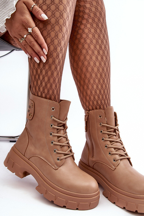 Damskie Workery Botki Sznurowane Na Płaskim Obcasie Beżowe Brenhile
