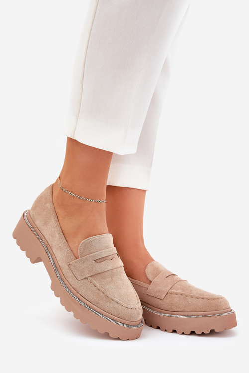 Mokasyny Damskie Eko Zamszowe Z Cyrkoniami Khaki Wilamla