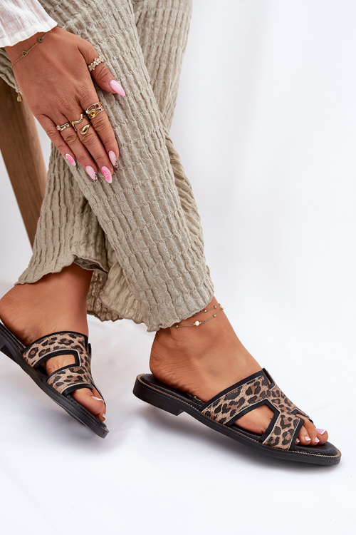 Skórzane Płaskie Klapki W Panterkę Zazoo 40383 Czarne