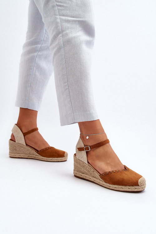 Zamszowe Sandały Espadryle Na Koturnie Z Plecionką Camel Raylin