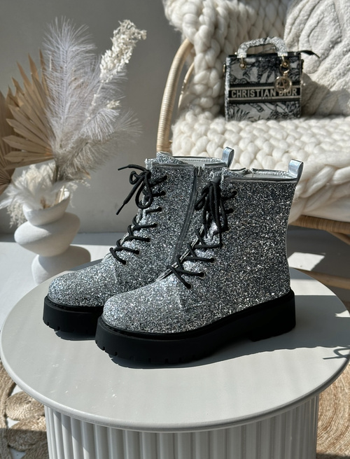 Ocieplane Botki Workery Damskie Ozdobione Cekinami Srebrne Liatheine