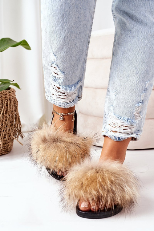 Klapki z Naturalnym Futerkiem Beżowe Elsa