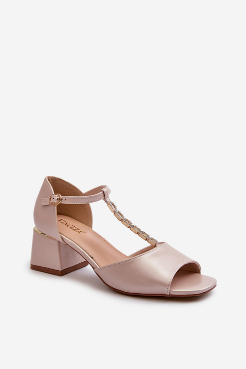 Sandały Damskie Na Obcasie Klocku Z Ozdobnym Paskiem Eko Skórzane Złote Obivena