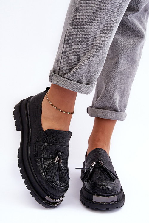 Skórzane Mokasyny Na Platformie I Płaskim Obcasie Czarne Jorne