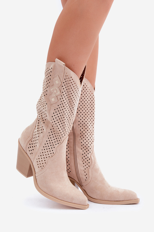 Ażurowe Botki Kowbojki Na Słupku Jasnobeżowe Salive