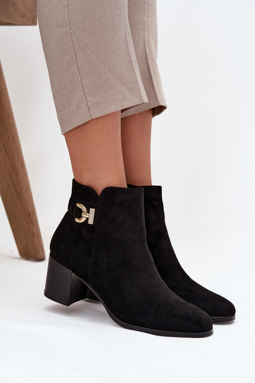 Ocieplane Botki Damskie Na Słupku Ze Złotym Detalem Czarne Renora