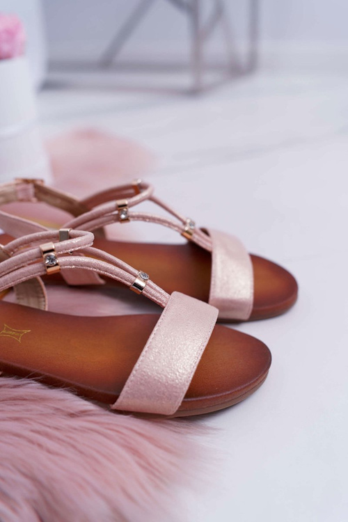 Sandały Damskie Płaskie Z Paskami i Cyrkoniami Różowe Madeline