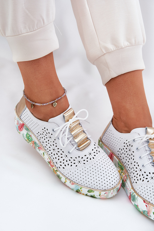 Skórzane Półbuty Damskie Na Koturnie Artiker 56C1800 Biało-Złote