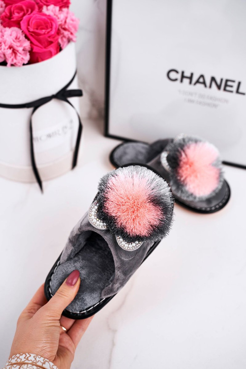 Dziecięce Klapki Papcie Z Pomponem Szare Cinderella