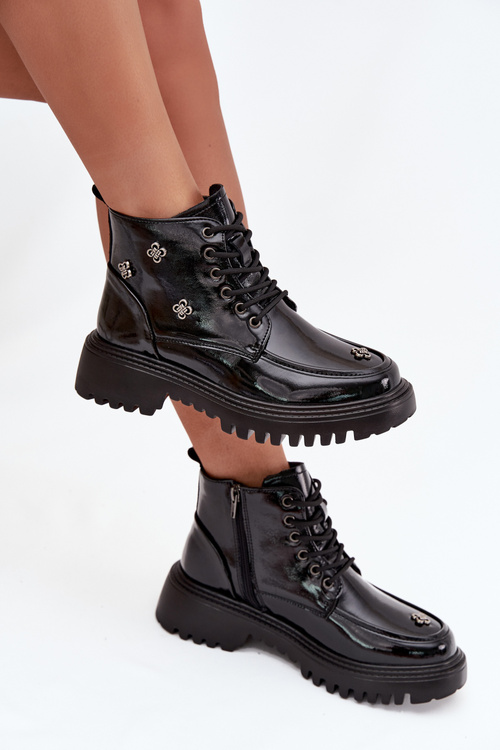 Skórzane Ocieplane Botki Damskie Z Ozdobami Lakierowane Artiker 57C0345 Czarne