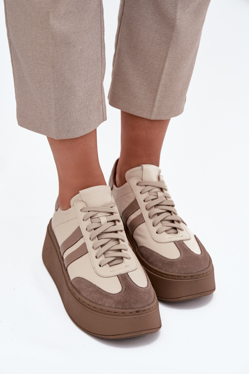 Skórzane Sneakersy Damskie Na Platformie Zazoo 3775 Beżowe