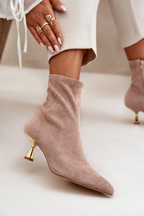 Botki Damskie Na Szpilce Eko Zamszowe Z Noskami W Szpic Beżowe Irithare