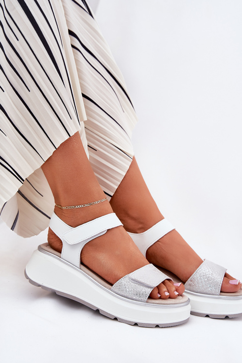 Skórzane Sandały Damskie Platformie I Koturnie Na Rzep S.Barski LR51-543 Srebrne