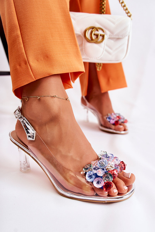 Eleganckie Sandały Z Kryształami Srebrne Lanette