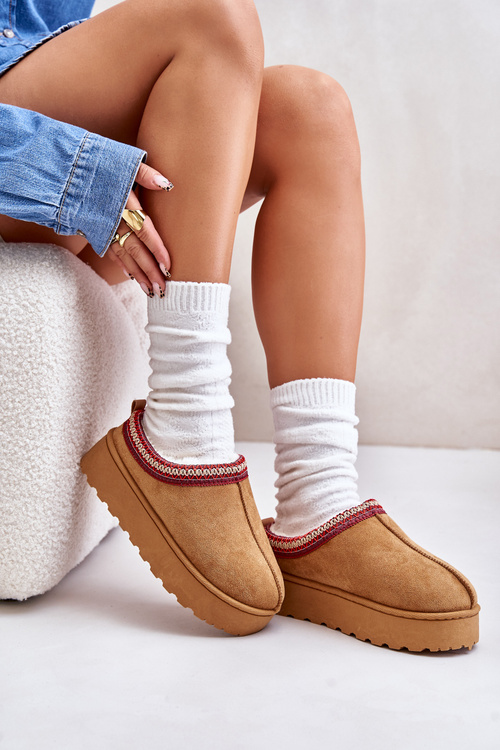 Śniegowce Damskie Na Platformie Ocieplane Futerkiem Camel Remenia