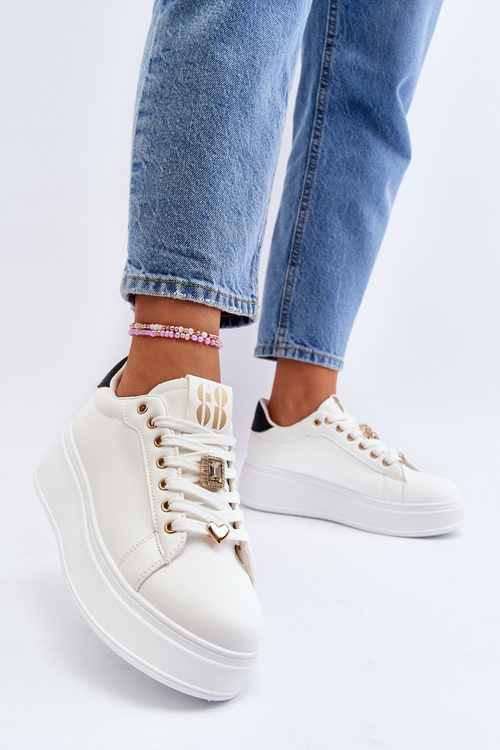 Sneakersy Damskie Na Platformie Z Ozdobami Białe Herbisa