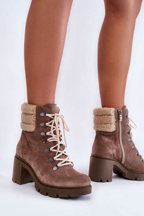 Damskie Zamszowe Botki Sznurowane Na Obcasie Brązowe Lemar Fenya