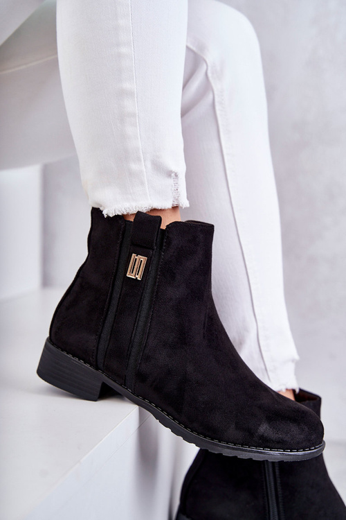 Damskie Zamszowe Botki Z Ozdobą Czarne Giana