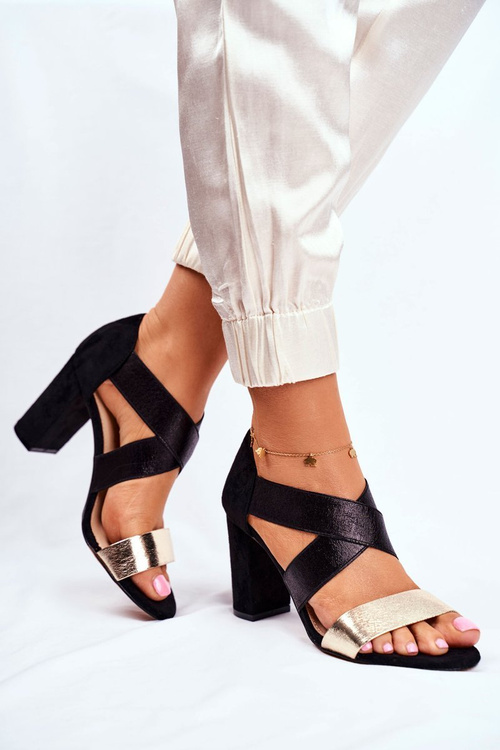 Eleganckie Wsuwane Sandały Na Słupku Czarno-Złote Varina 