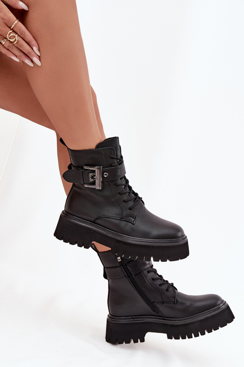 Skórzane Botki Workery Damskie Ocieplane Z Ozdobną Klamrą D&A MK52-032 Czarne