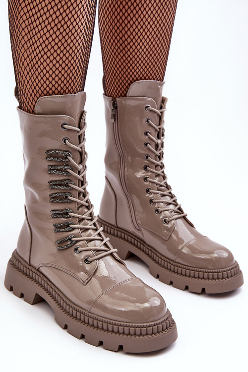 Lakierowane Damskie Botki Workery Sznurowane Ciemnobeżowe S.Barski MR870-72