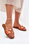 Klapki Damskie Na Płaskim Obcasie Ze Złotymi Przypinkami Pomarańczowe Nalothiel