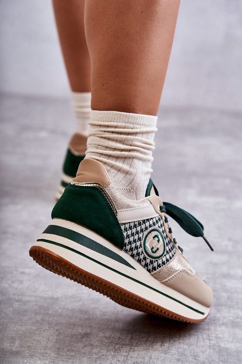 Modne Buty Sportowe Damskie Na Koturnie Beżowo-Zielone Aronne