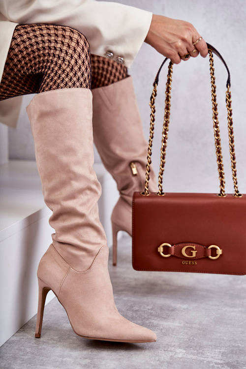 Klasyczne Zamszowe Kozaki Na Szpilce Beżowe Ameya