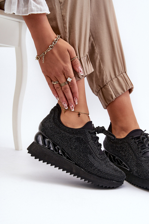 Sneakersy Damskie Na Koturnie Zdobione Cyrkoniami D&A MR38-377 Czarne