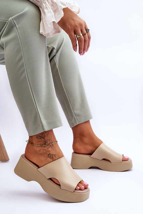 Damskie Klapki Skórzane Na Platformie Beżowe Lemar Lucami