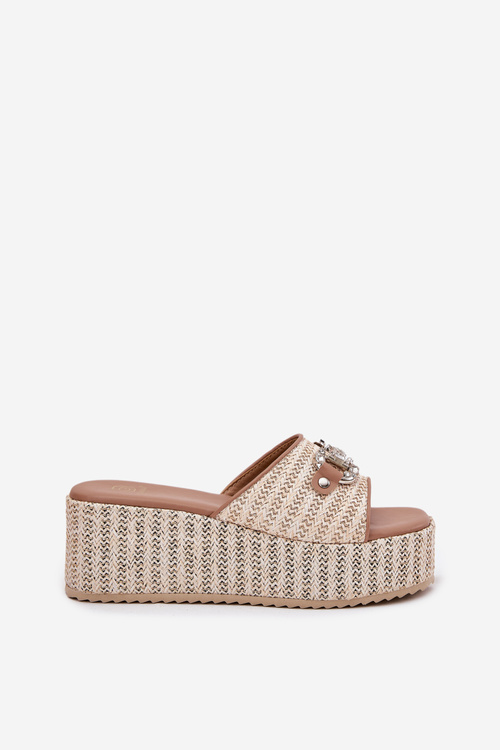 Klapki Damskie Na Koturnie Z Plecionką I Ozdobą Beżowe Isolene