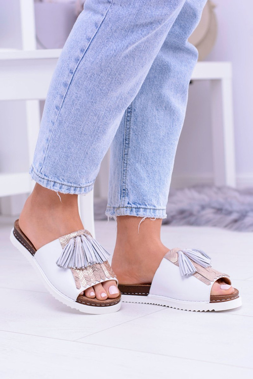 Skórzane Białe Eleganckie Klapki Maciejka Resto