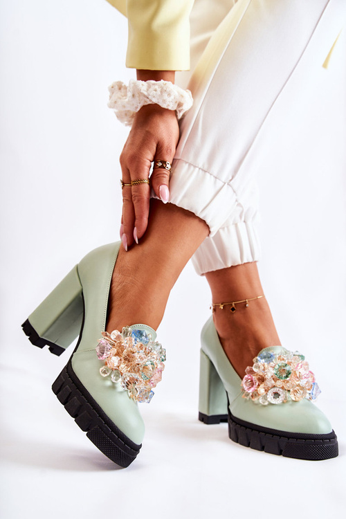 Eleganckie Czółenka Z Ozdobą Gładkie Zielone Caterine - Czarna Podeszwa