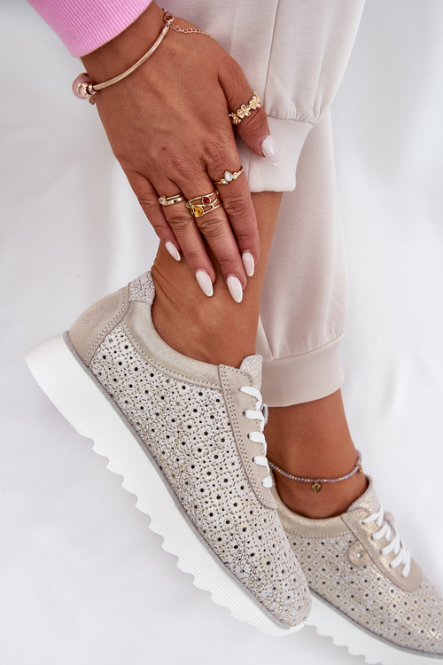 Zamszowe Ażurowe Sneakersy Na Platformie LR51-927 Złote