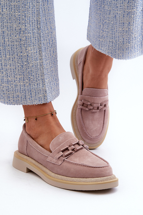 Mokasyny Damskie Zamszowe Na Płaskim Obcasie Z Ozdobą D&A TW101 Brudny Róż